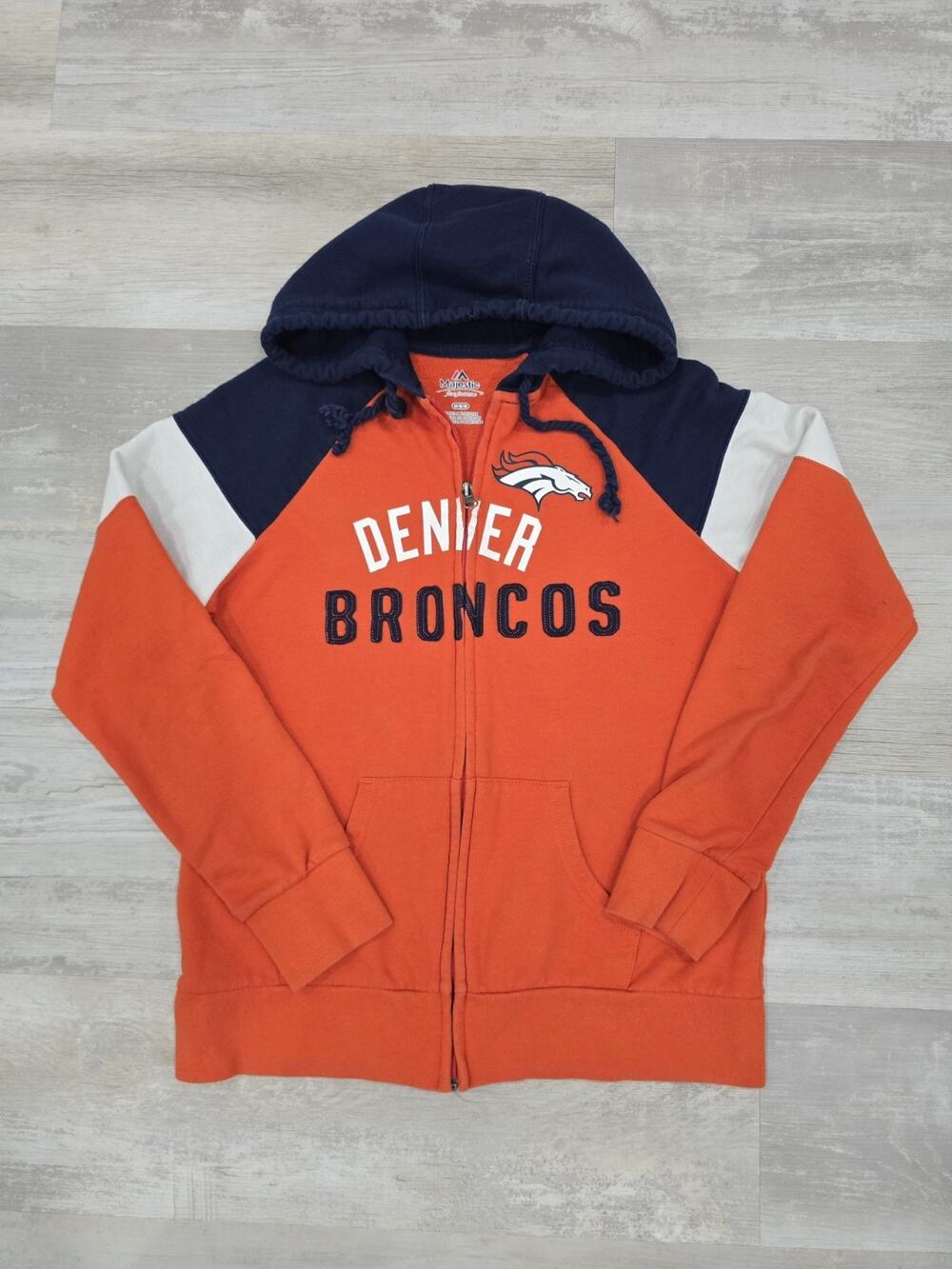 Majestic Denver Broncos Full Zip Hoodie Mens Medium Orange Navy Blue Colorblock
